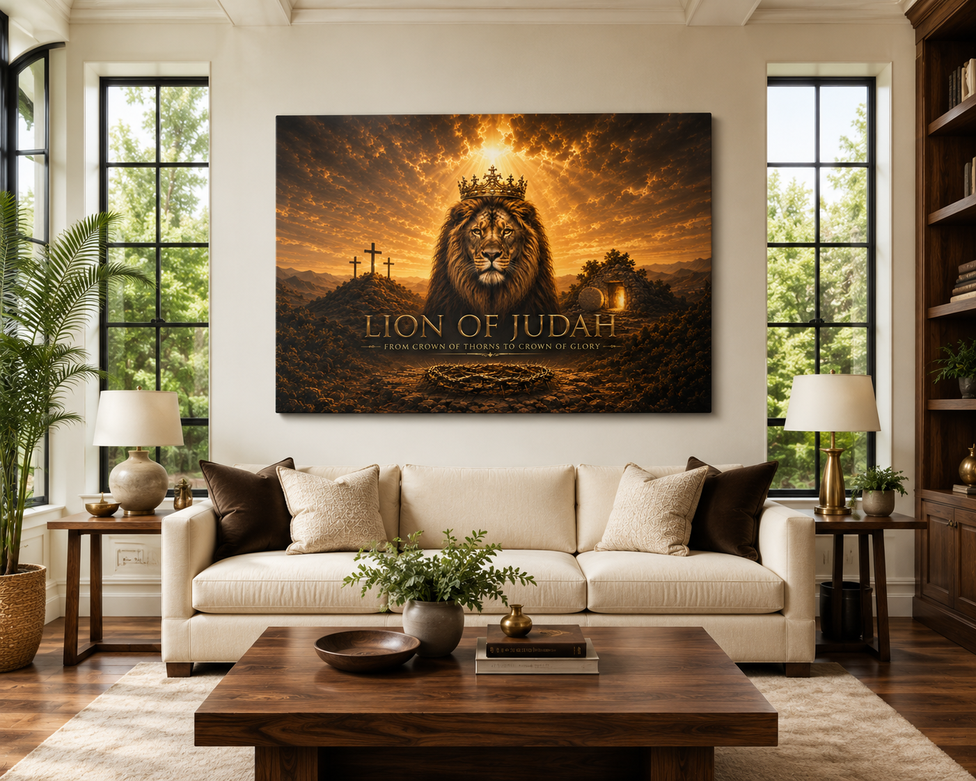 Lion of Judah premium canvas in a bright living room